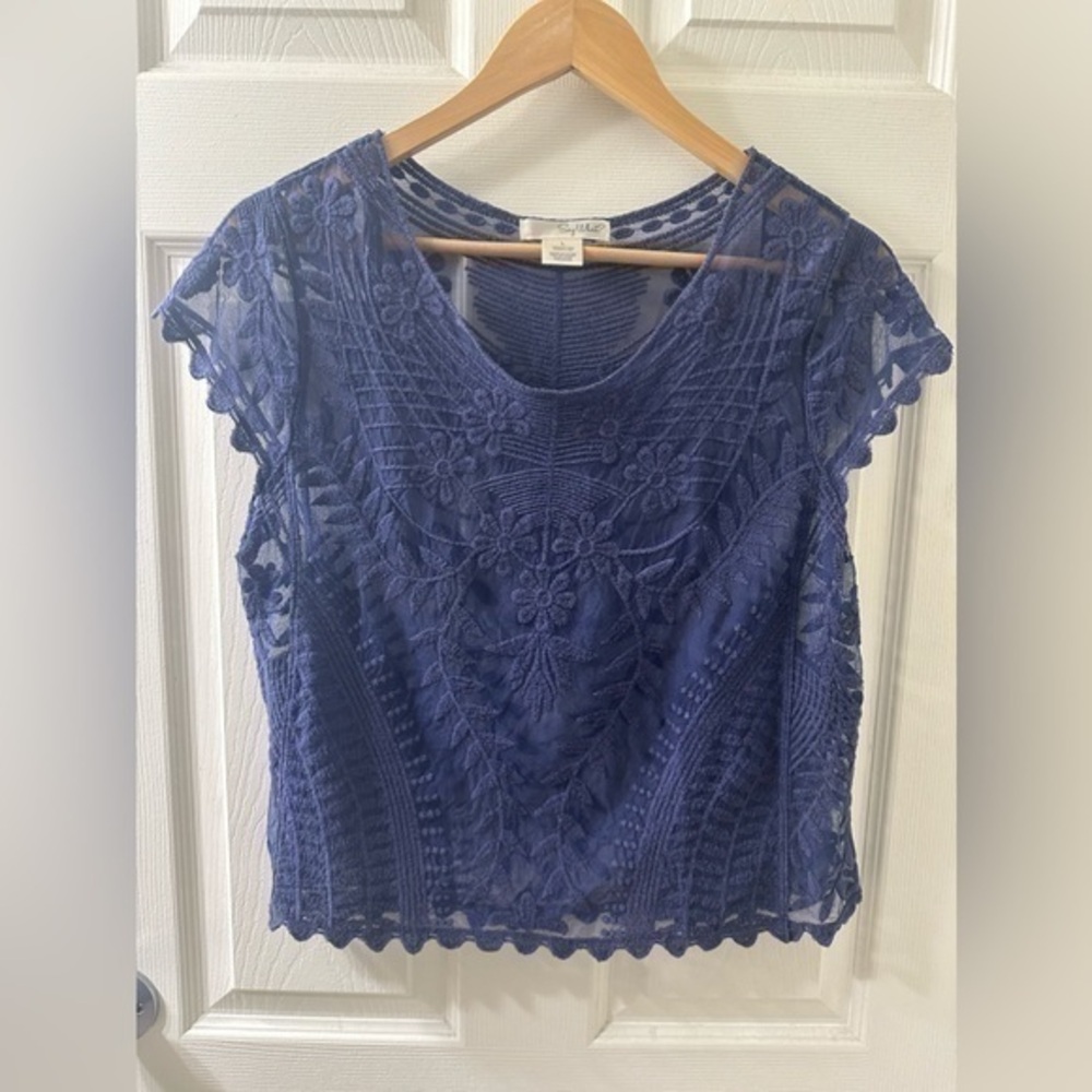 Say What? Blue Lace Short Sleeve Blouse Size Large